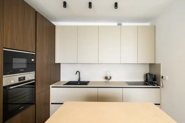 Penthouse kitchen with integrated appliances and a wood-panelled wall