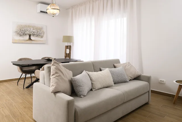 Living room with a sofa, dining table and kitchen beyond