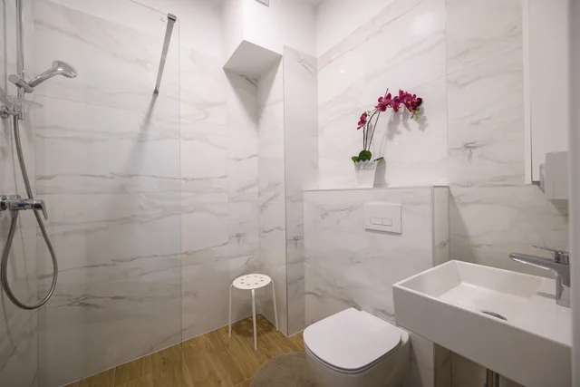 First bathroom with a walk-in shower and washbasin