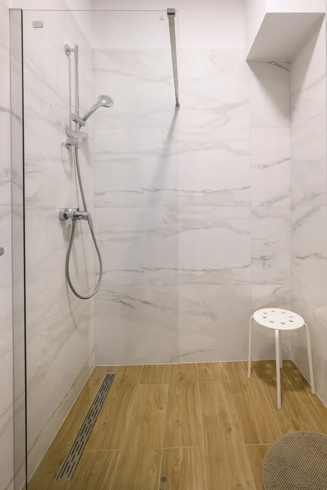Walk-in shower with a glass screen