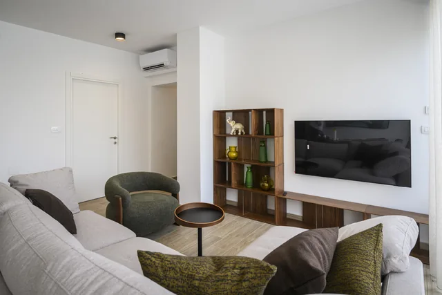Living room media wall and green armchair