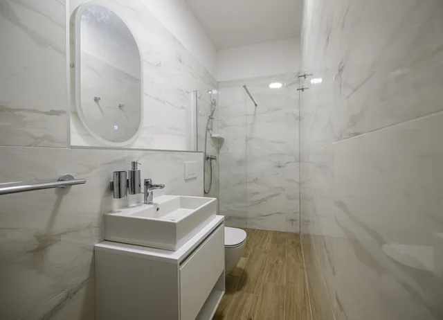 Bathroom washbasin and glass shower screen